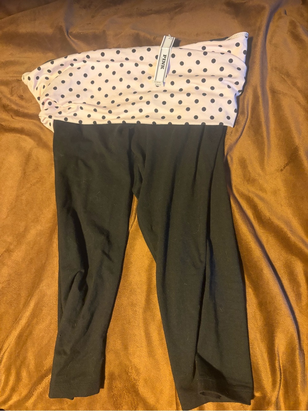Victoria secret Pink Black Capris with Fold-Over White Polka Dot Waistband